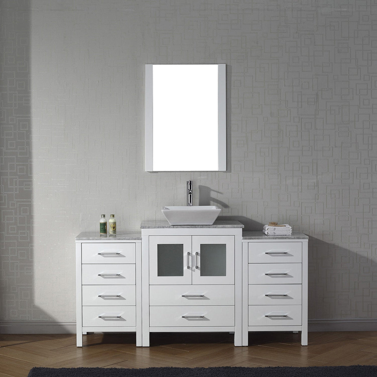 Virtu USA Dior 64" Single Bath Vanity with White Marble Top and Square Sink with Brushed Nickel Faucet with Matching Mirror