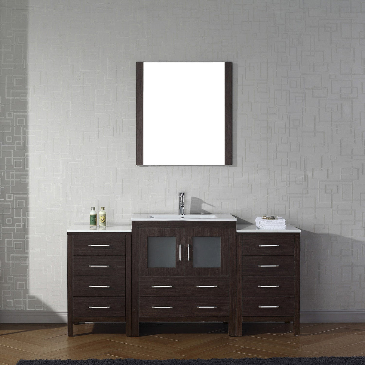 Virtu USA Dior 66" Single Bath Vanity with White Ceramic Top and Integrated Square Sink with Matching Mirror