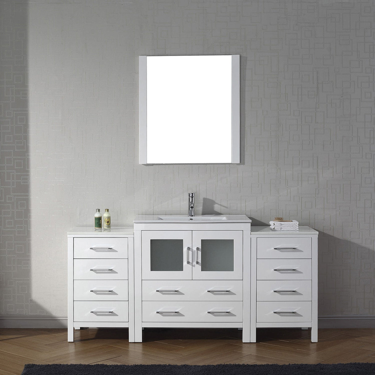 Virtu USA Dior 66" Single Bath Vanity with White Ceramic Top and Integrated Square Sink with Matching Mirror