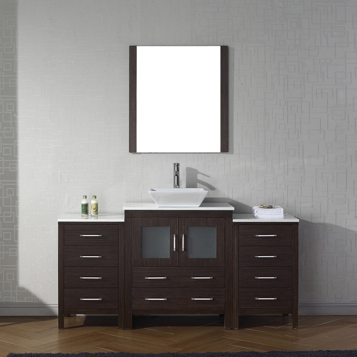 Virtu USA Dior 66" Single Bath Vanity with White Engineered Stone Top and Square Sink with Brushed Nickel Faucet with Matching Mirror