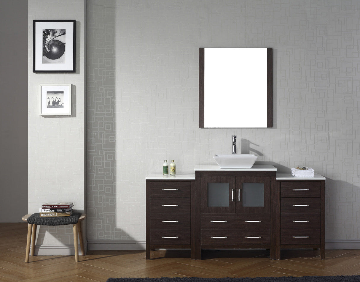 Virtu USA Dior 66" Single Bath Vanity with White Engineered Stone Top and Square Sink with Brushed Nickel Faucet with Matching Mirror