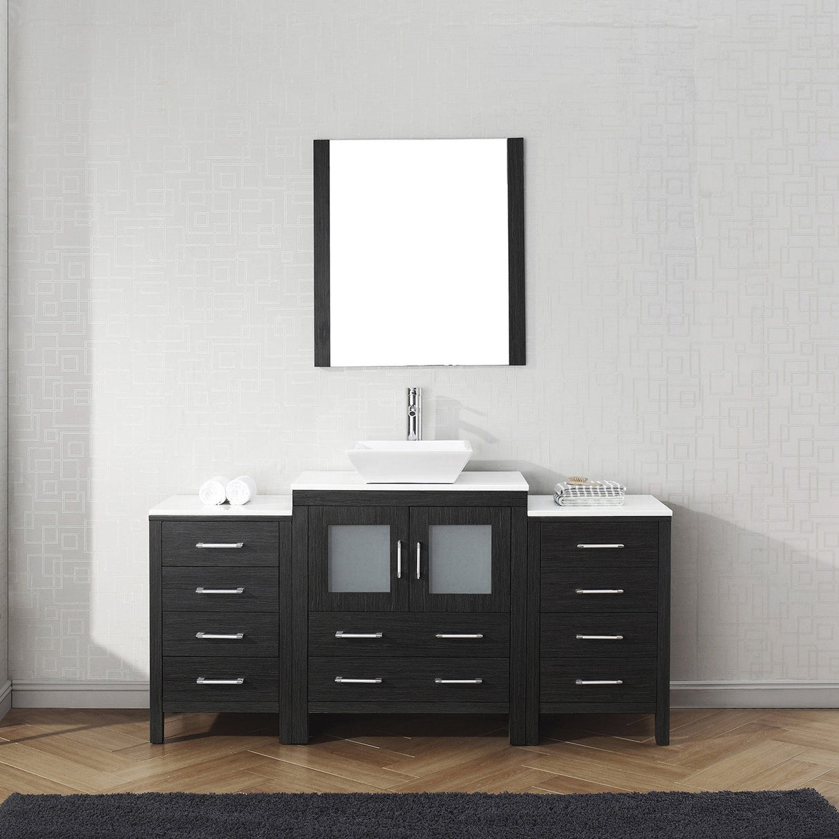 Virtu USA Dior 66" Single Bath Vanity with White Engineered Stone Top and Square Sink with Brushed Nickel Faucet with Matching Mirror