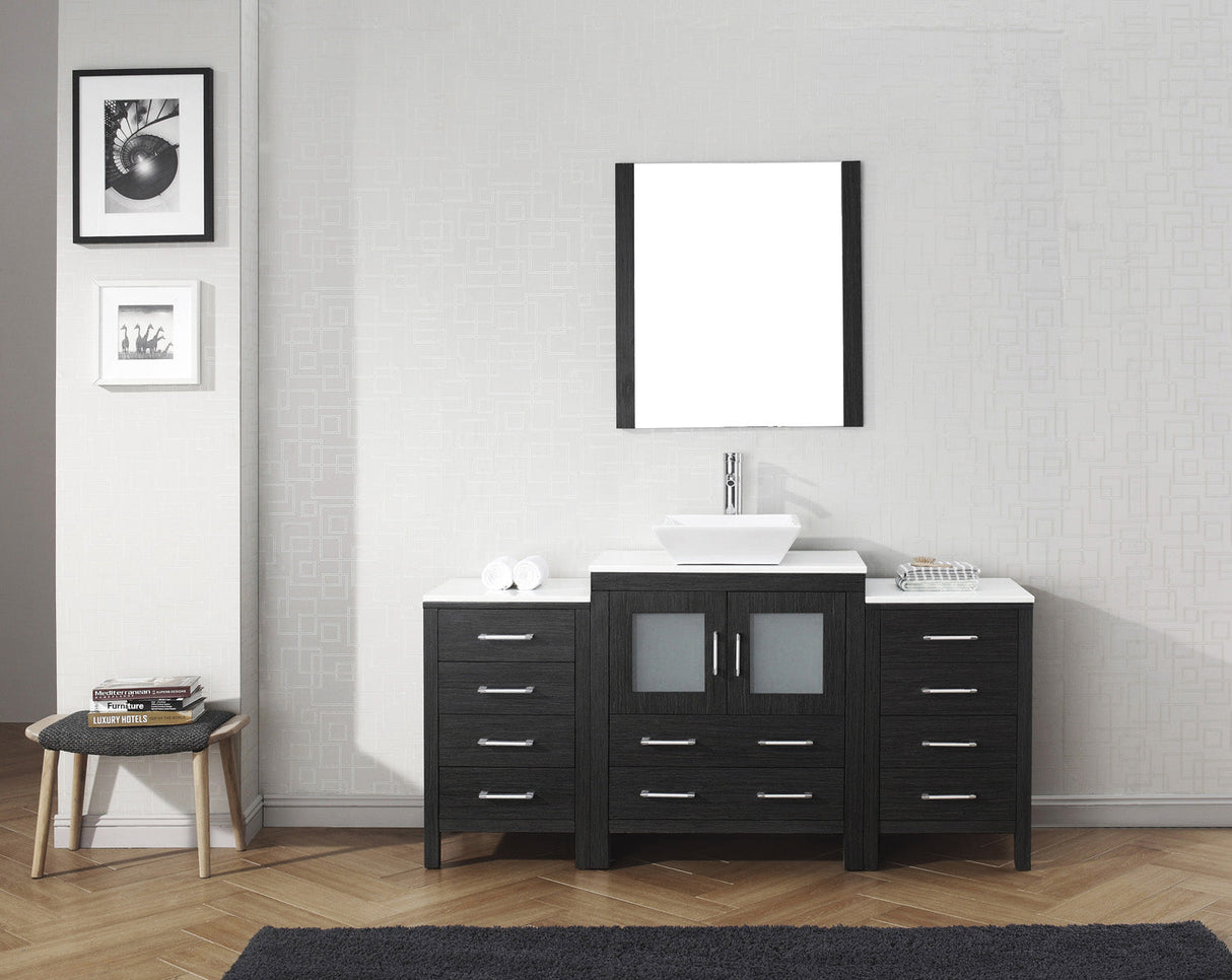 Virtu USA Dior 66" Single Bath Vanity with White Engineered Stone Top and Square Sink with Brushed Nickel Faucet with Matching Mirror