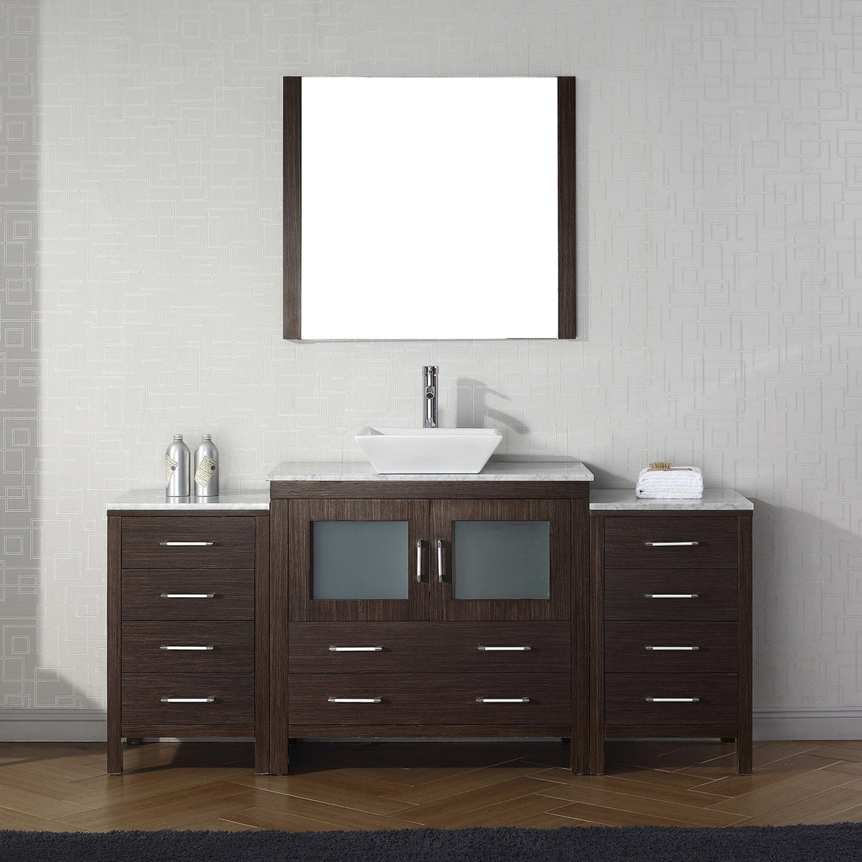 Virtu USA Dior 66" Single Bath Vanity with White Marble Top and Square Sink with Brushed Nickel Faucet with Matching Mirror