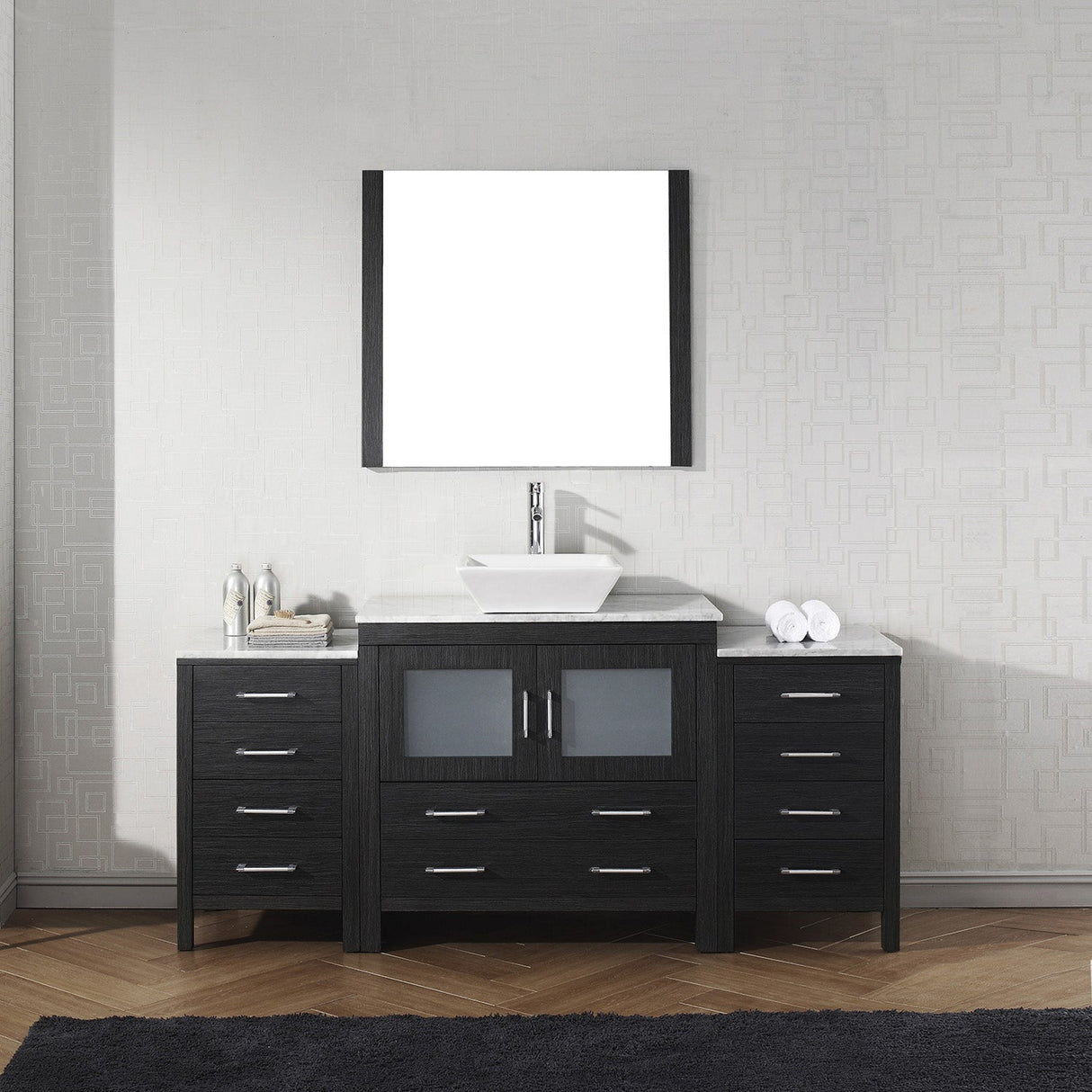 Virtu USA Dior 66" Single Bath Vanity with White Marble Top and Square Sink with Brushed Nickel Faucet with Matching Mirror