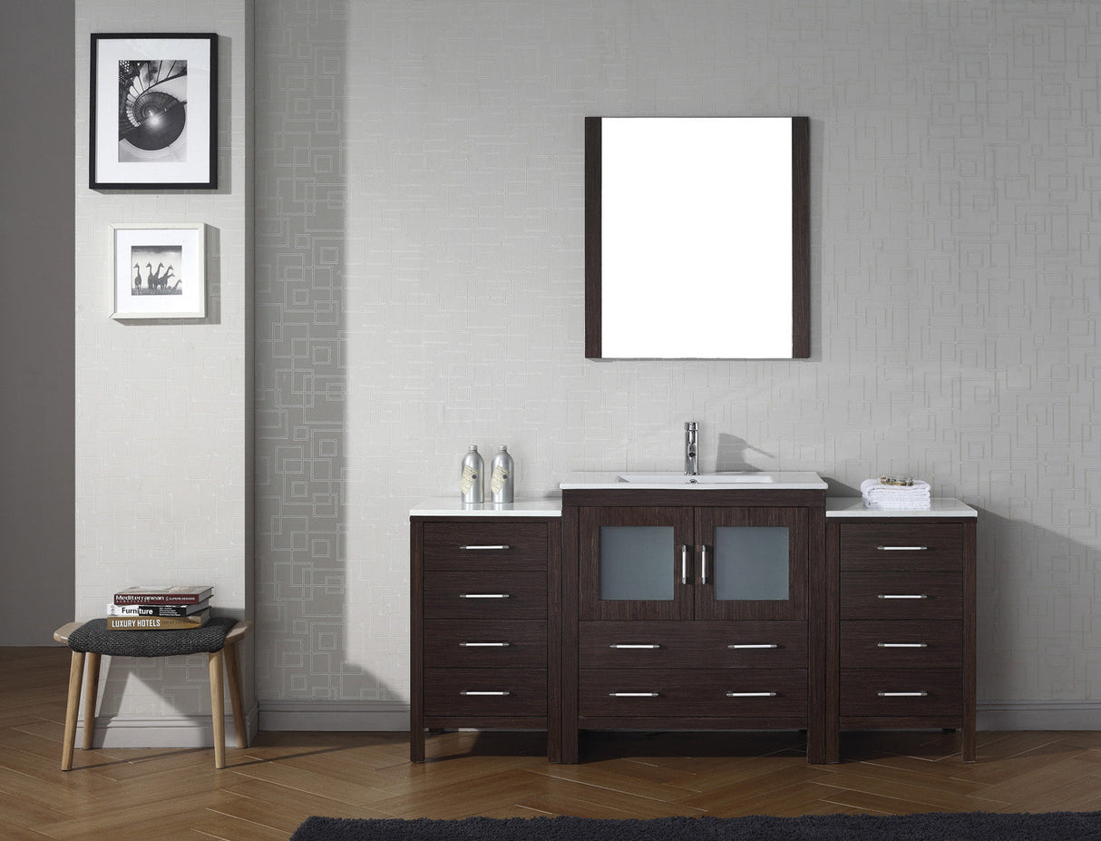 Virtu USA Dior 68" Single Bath Vanity with White Ceramic Top and Integrated Square Sink with Brushed Nickel Faucet with Matching Mirror