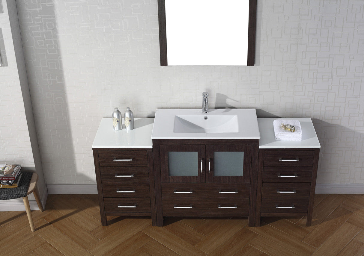 Virtu USA Dior 68" Single Bath Vanity with White Ceramic Top and Integrated Square Sink with Brushed Nickel Faucet with Matching Mirror