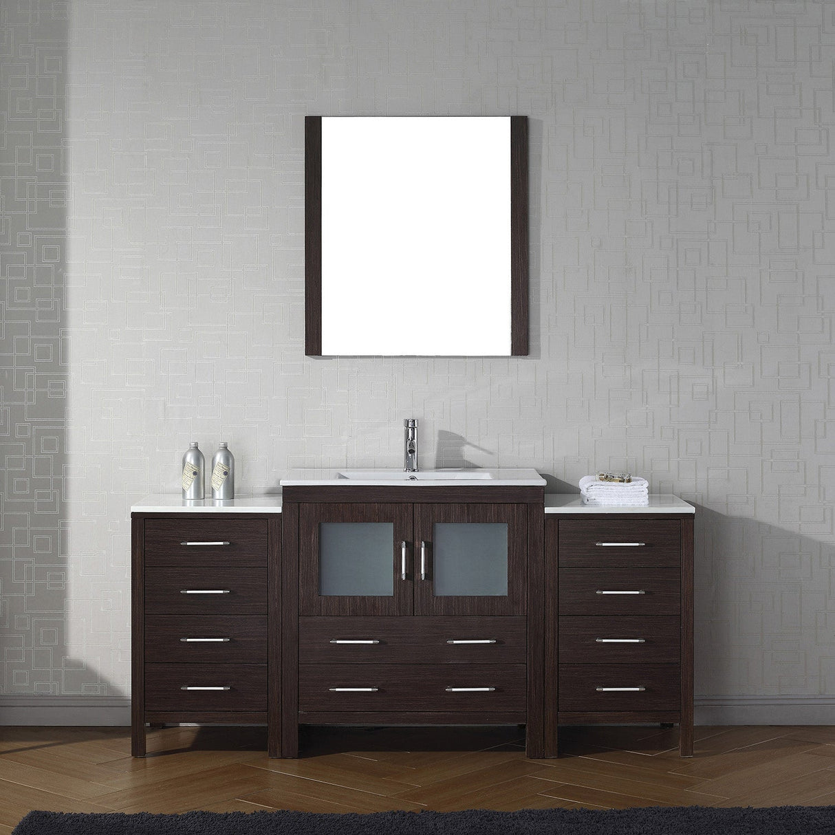 Virtu USA Dior 68" Single Bath Vanity with White Ceramic Top and Integrated Square Sink with Matching Mirror