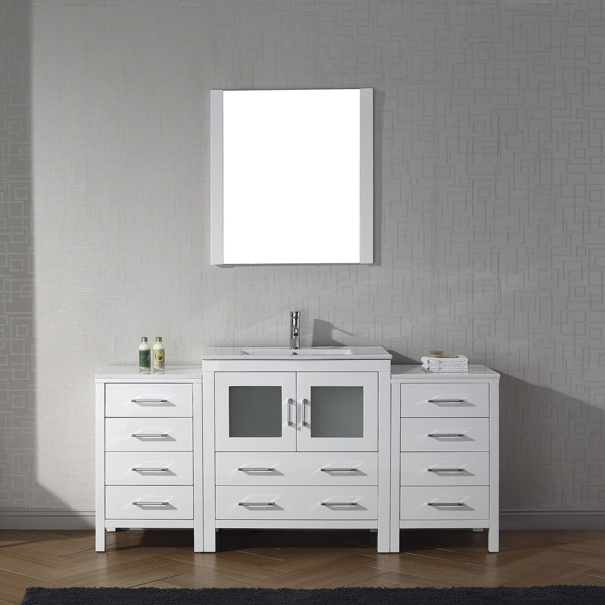 Virtu USA Dior 68" Single Bath Vanity with White Ceramic Top and Integrated Square Sink with Brushed Nickel Faucet with Matching Mirror