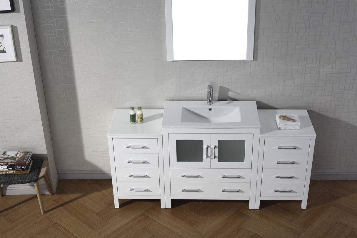 Virtu USA Dior 68" Single Bath Vanity with White Ceramic Top and Integrated Square Sink with Brushed Nickel Faucet with Matching Mirror