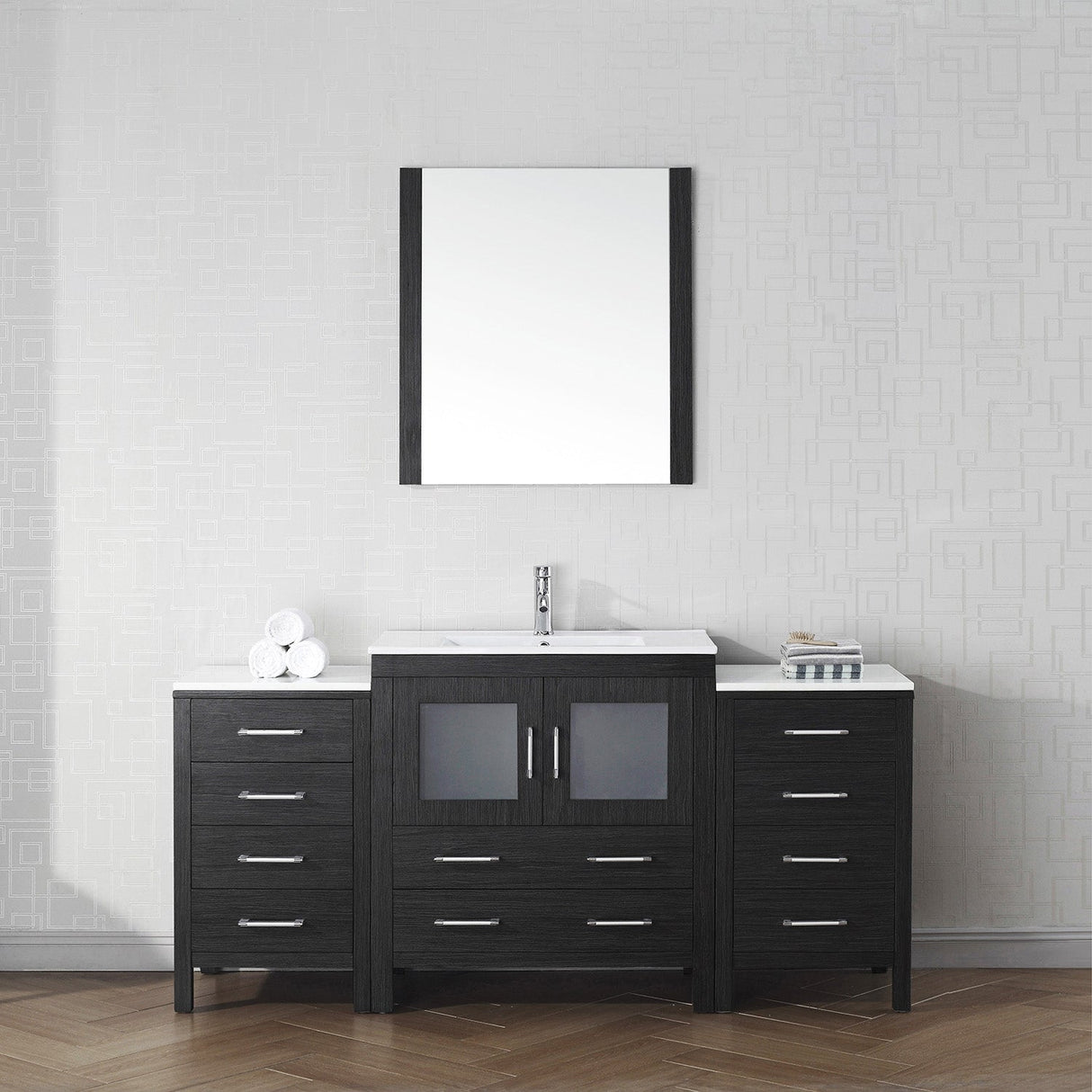 Virtu USA Dior 68" Single Bath Vanity with White Ceramic Top and Integrated Square Sink with Brushed Nickel Faucet with Matching Mirror