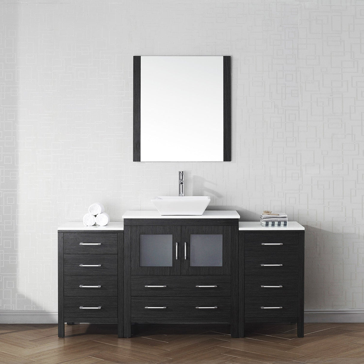 Virtu USA Dior 68" Single Bath Vanity with White Engineered Stone Top and Square Sink with Brushed Nickel Faucet with Matching Mirror