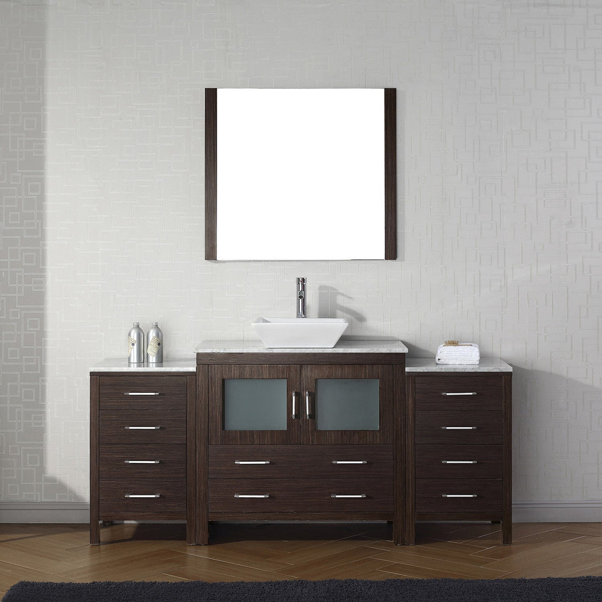 Virtu USA Dior 68" Single Bath Vanity with White Marble Top and Square Sink with Brushed Nickel Faucet with Matching Mirror