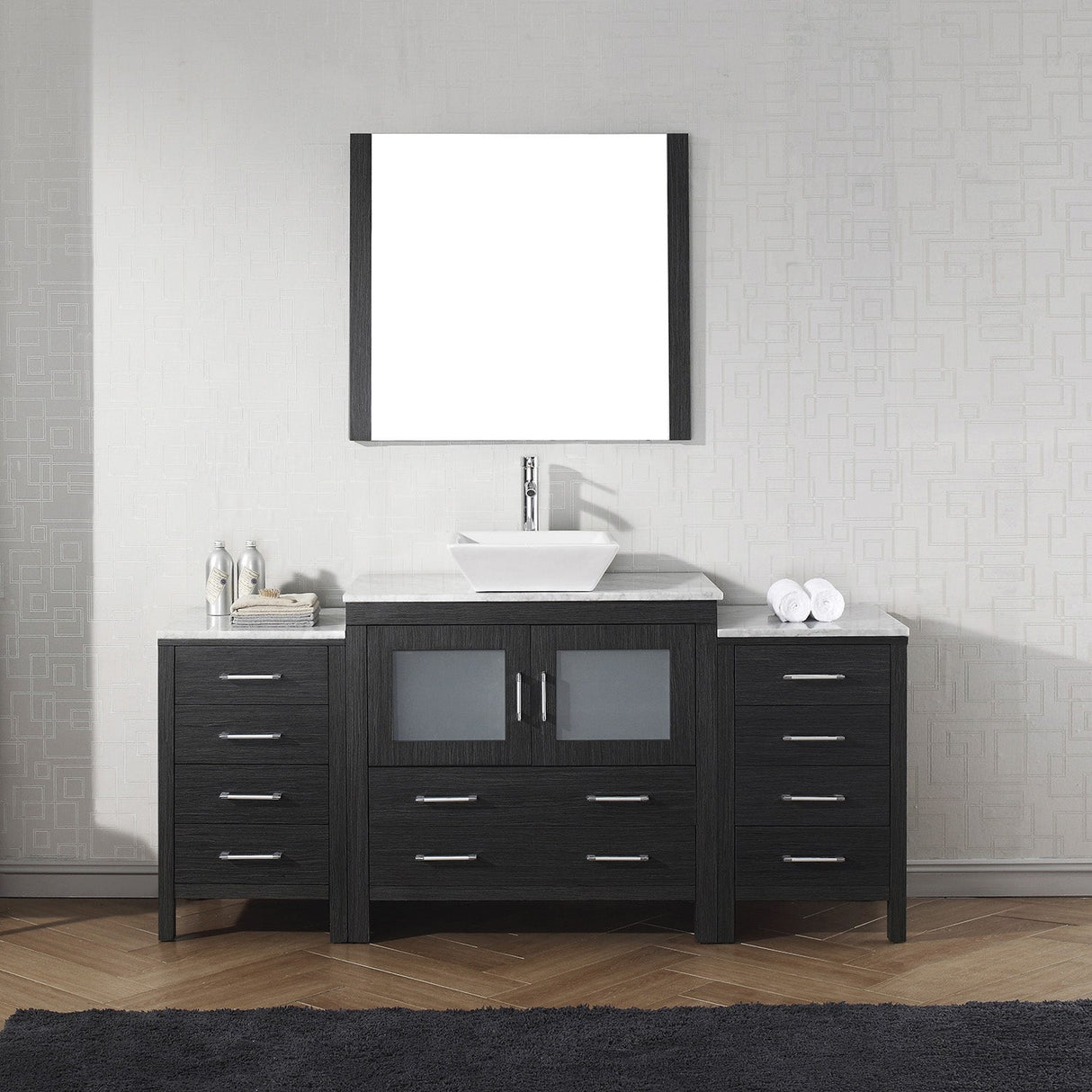 Virtu USA Dior 68" Single Bath Vanity with White Marble Top and Square Sink with Brushed Nickel Faucet with Matching Mirror