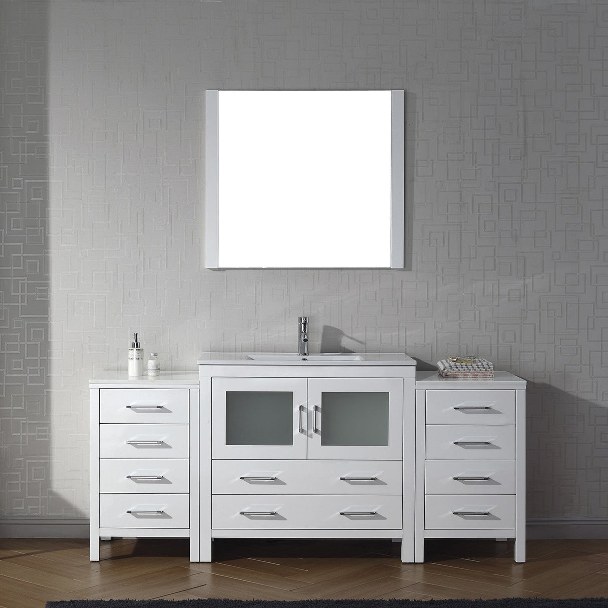 Virtu USA Dior 72" Single Bath Vanity with White Ceramic Top and Integrated Square Sink with Brushed Nickel Faucet with Matching Mirror