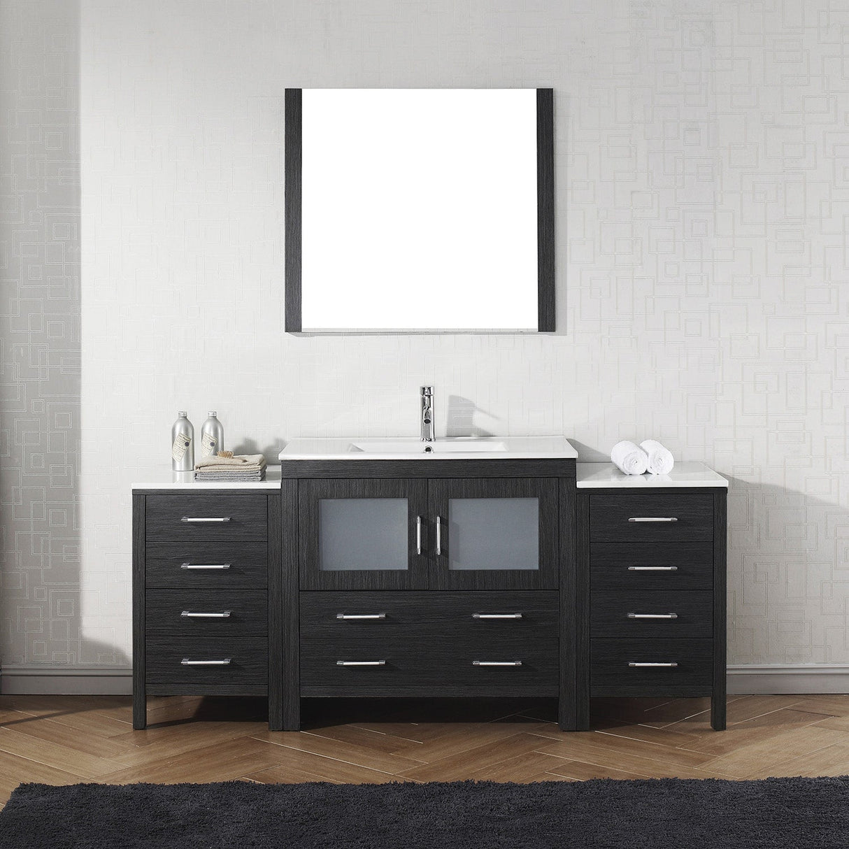 Virtu USA Dior 72" Single Bath Vanity with White Ceramic Top and Integrated Square Sink with Brushed Nickel Faucet with Matching Mirror