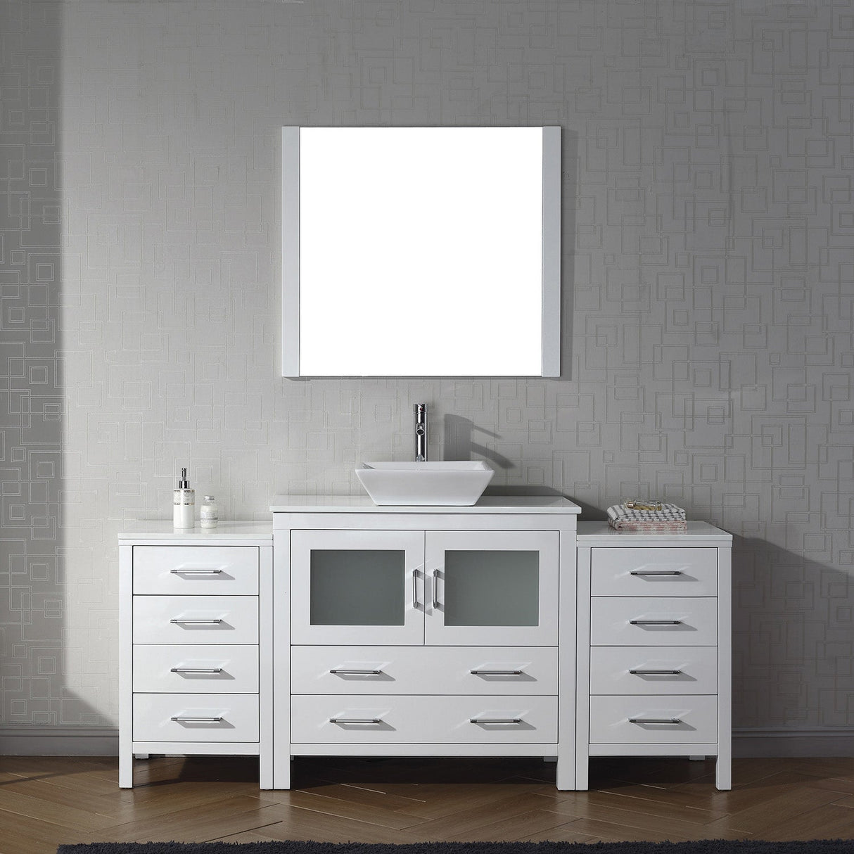 Virtu USA Dior 72" Single Bath Vanity with White Engineered Stone Top and Square Sink with Brushed Nickel Faucet with Matching Mirror