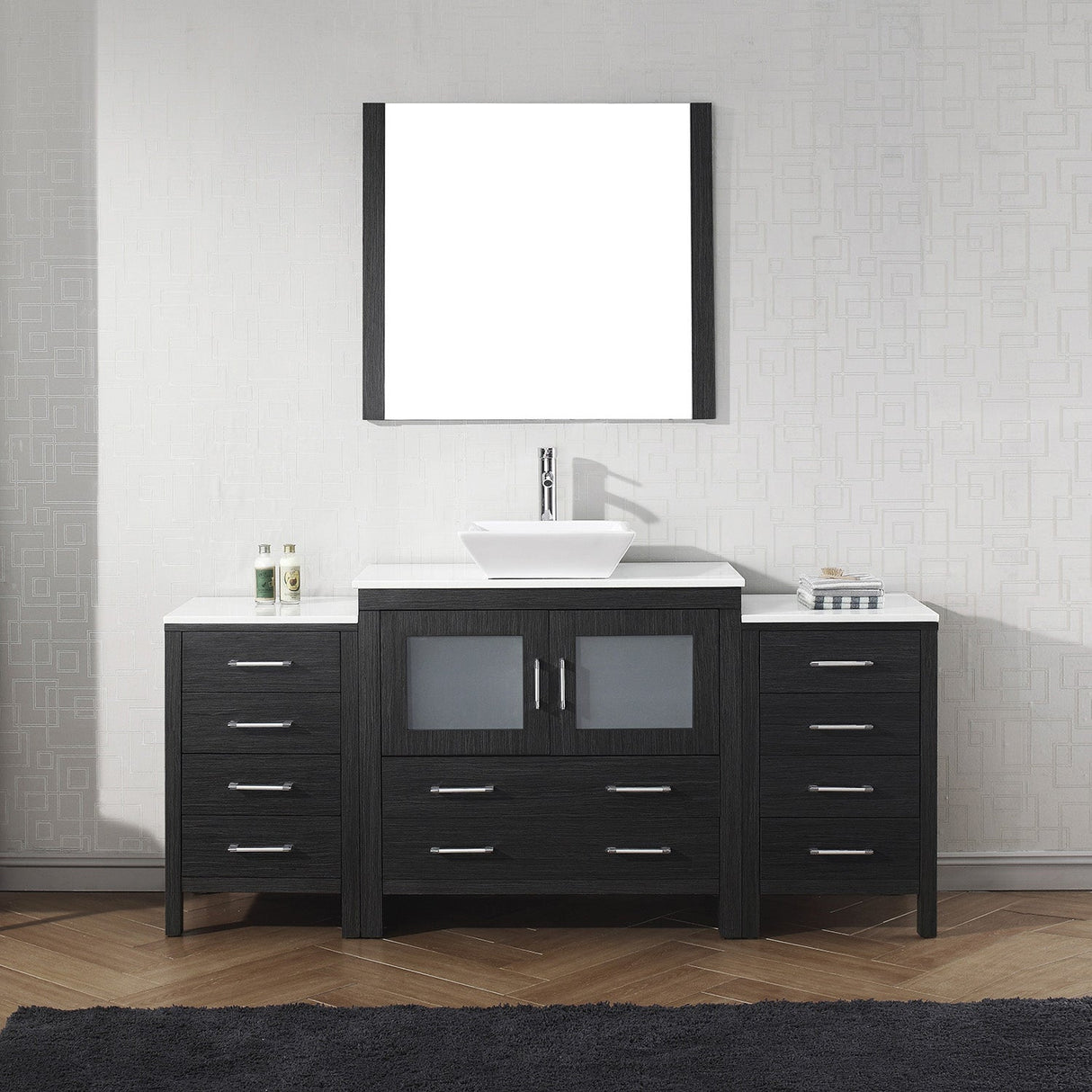 Virtu USA Dior 72" Single Bath Vanity with White Engineered Stone Top and Square Sink with Brushed Nickel Faucet with Matching Mirror