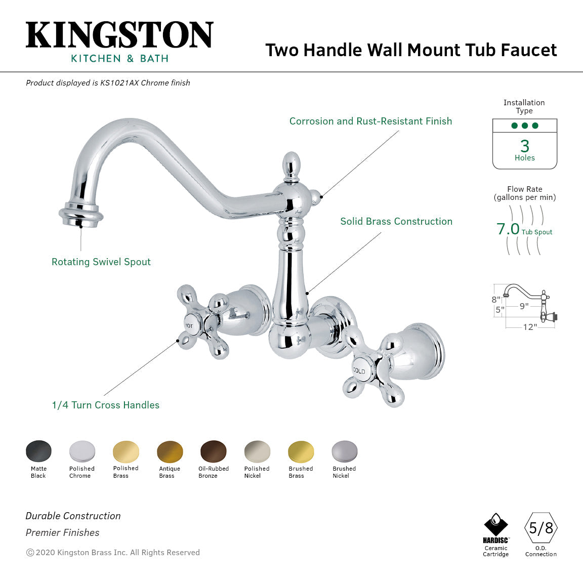 Heritage KS1025AX Two-Handle 3-Hole Wall Mount Roman Tub Faucet, Oil Rubbed Bronze