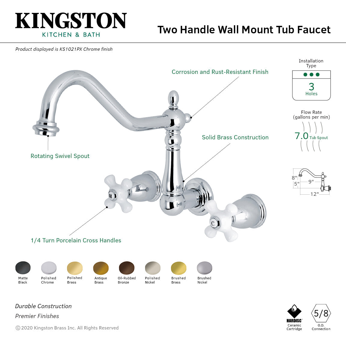 Heritage KS1027PX Two-Handle 3-Hole Wall Mount Roman Tub Faucet, Brushed Brass
