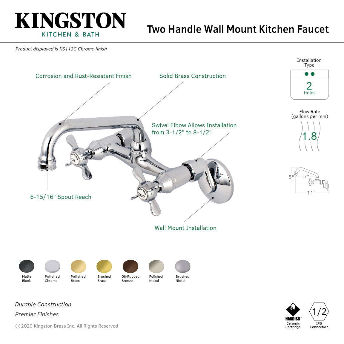Essex KS113PN Two-Handle 2-Hole Wall Mount Kitchen Faucet, Polished Nickel