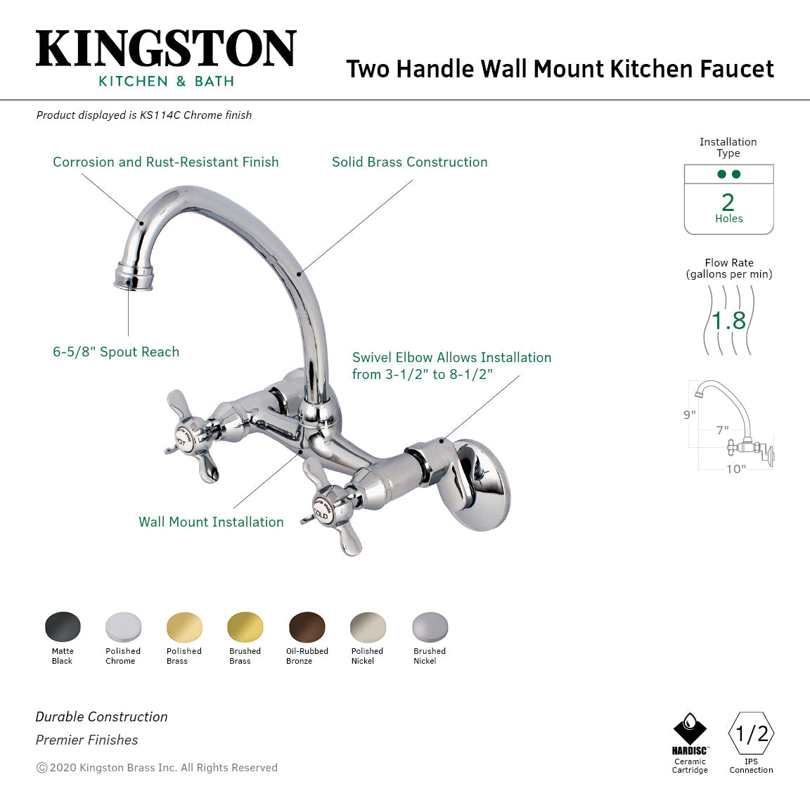 Essex KS114MB Two-Handle 2-Hole Wall Mount Kitchen Faucet, Matte Black