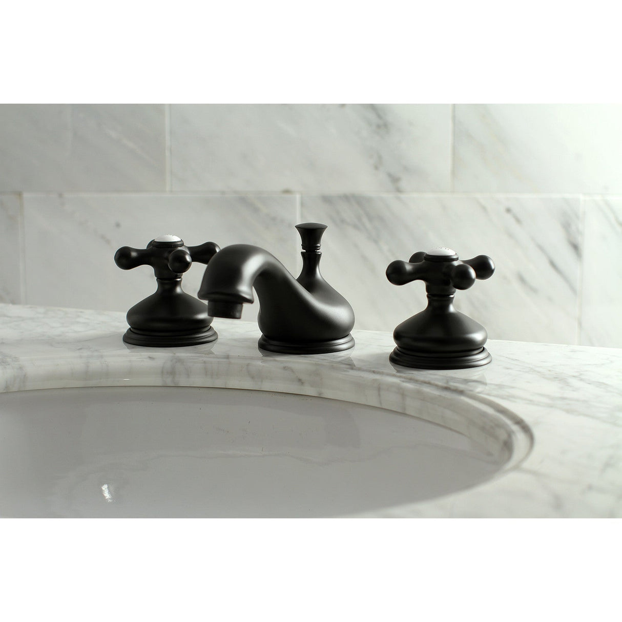 Heritage KS1160AX Two-Handle 3-Hole Deck Mount Widespread Bathroom Faucet with Brass Pop-Up, Matte Black