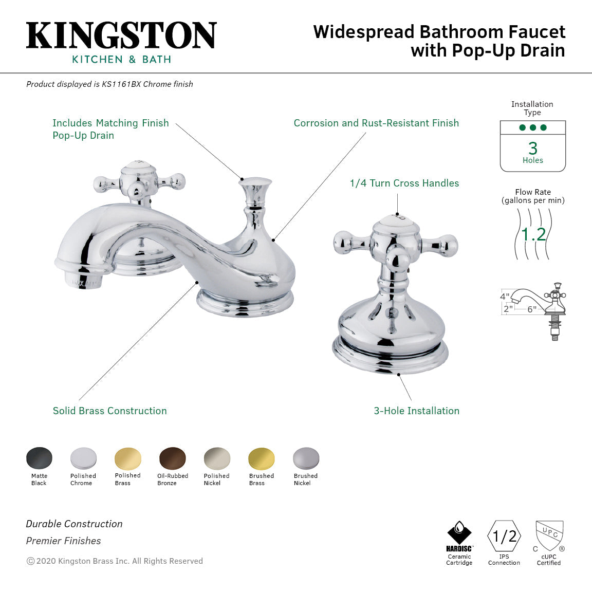 Vintage KS1160BX Two-Handle 3-Hole Deck Mount Widespread Bathroom Faucet with Brass Pop-Up, Matte Black