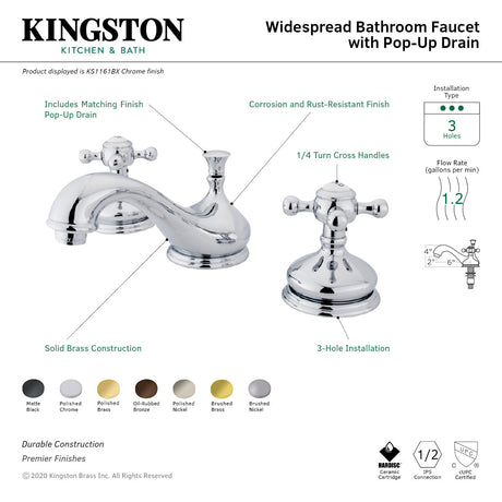 Vintage KS1160BX Two-Handle 3-Hole Deck Mount Widespread Bathroom Faucet with Brass Pop-Up, Matte Black