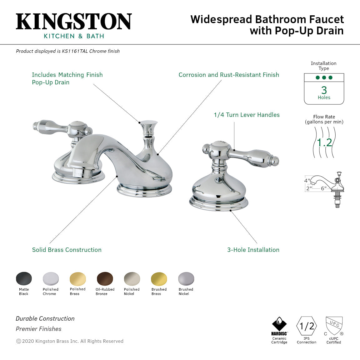 Tudor KS1160TAL Two-Handle 3-Hole Deck Mount Widespread Bathroom Faucet with Brass Pop-Up, Matte Black