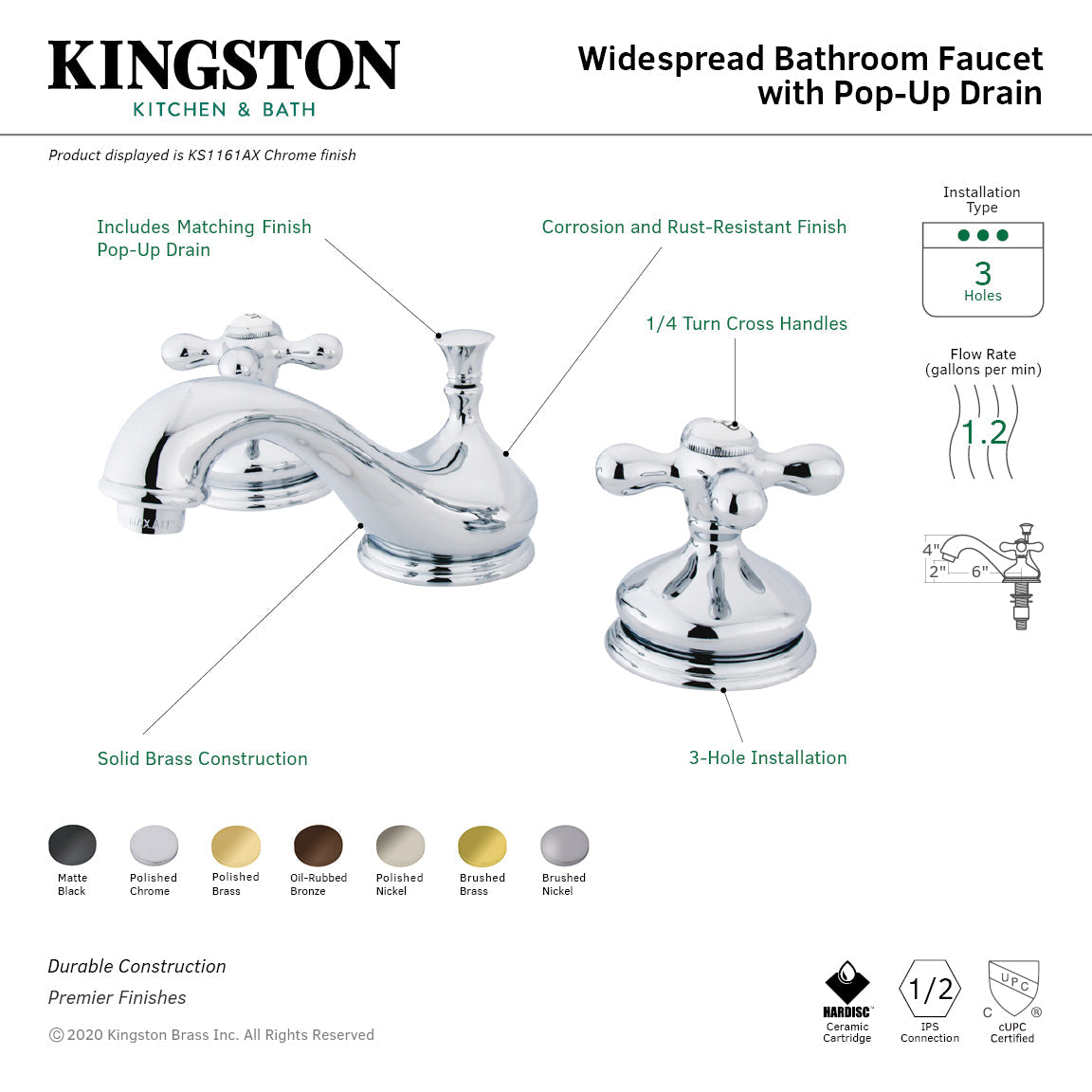 Heritage KS1161AX Two-Handle 3-Hole Deck Mount Widespread Bathroom Faucet with Brass Pop-Up, Polished Chrome