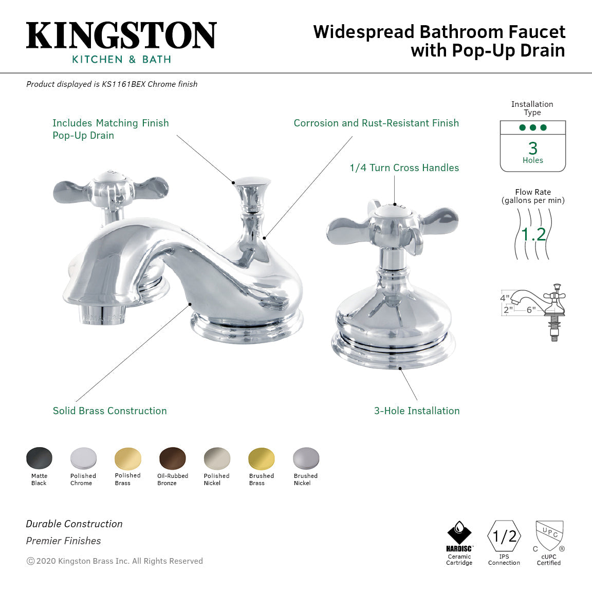 Essex KS1161BEX Two-Handle 3-Hole Deck Mount Widespread Bathroom Faucet with Brass Pop-Up, Polished Chrome