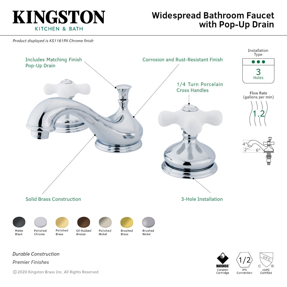 Heritage KS1161PX Two-Handle 3-Hole Deck Mount Widespread Bathroom Faucet with Brass Pop-Up, Polished Chrome