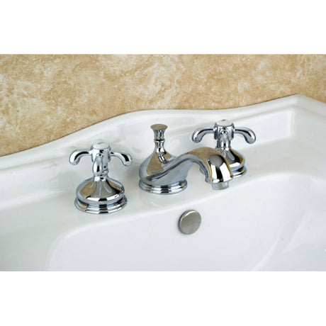 French Country KS1161TX Two-Handle 3-Hole Deck Mount Widespread Bathroom Faucet with Brass Pop-Up, Polished Chrome