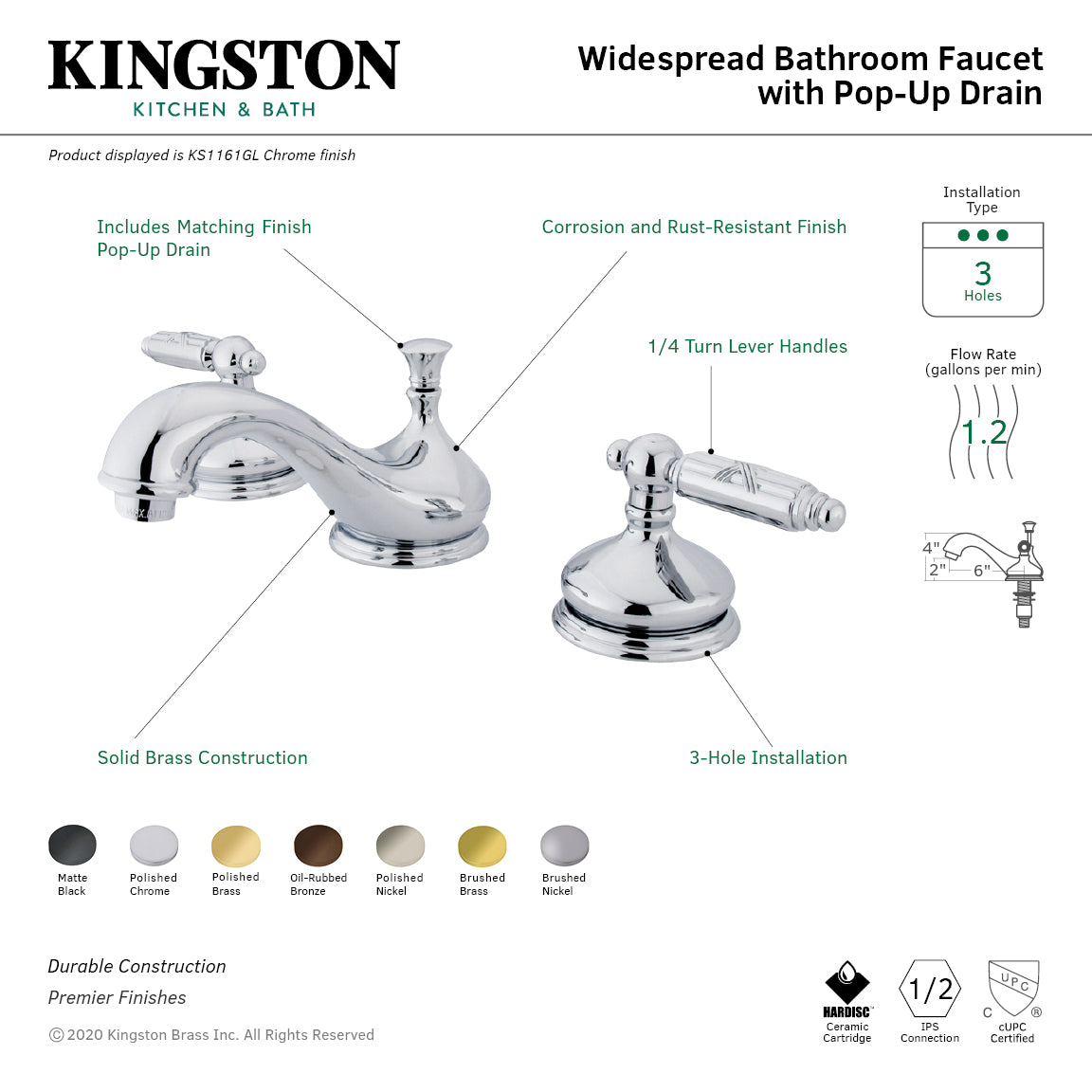 Georgian KS1162GL Two-Handle 3-Hole Deck Mount Widespread Bathroom Faucet with Brass Pop-Up, Polished Brass