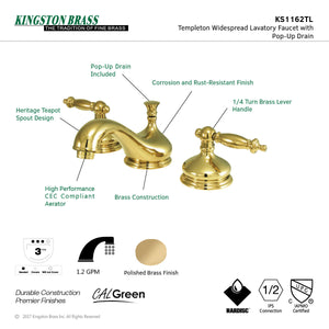 Heritage KS1162TL Two-Handle 3-Hole Deck Mount Widespread Bathroom Faucet with Brass Pop-Up, Polished Brass