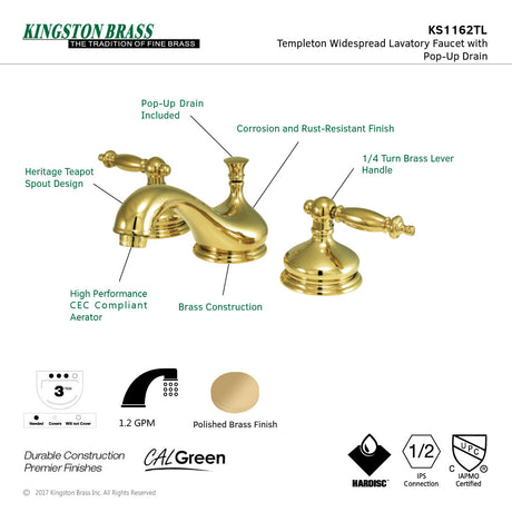 Heritage KS1162TL Two-Handle 3-Hole Deck Mount Widespread Bathroom Faucet with Brass Pop-Up, Polished Brass