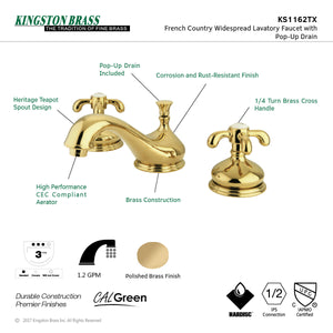 French Country KS1162TX Two-Handle 3-Hole Deck Mount Widespread Bathroom Faucet with Brass Pop-Up, Polished Brass