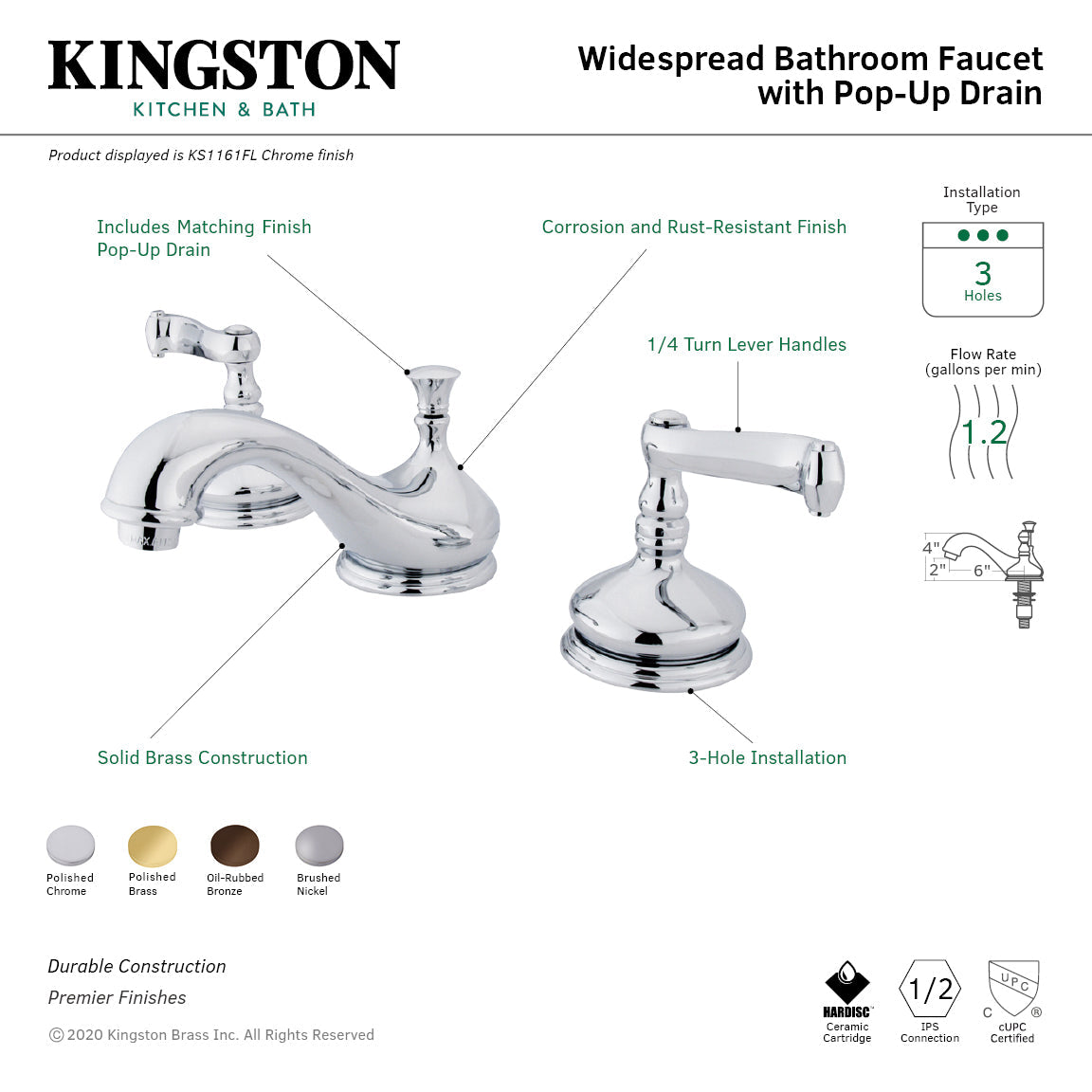 KS1165FL Two-Handle 3-Hole Deck Mount Widespread Bathroom Faucet with Brass Pop-Up, Oil Rubbed Bronze