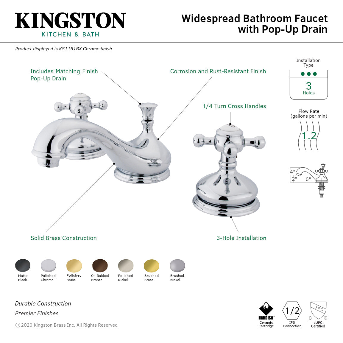 Vintage KS1166BX Two-Handle 3-Hole Deck Mount Widespread Bathroom Faucet with Brass Pop-Up, Polished Nickel