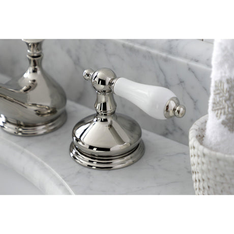 Heritage KS1166PL Two-Handle 3-Hole Deck Mount Widespread Bathroom Faucet with Brass Pop-Up, Polished Nickel