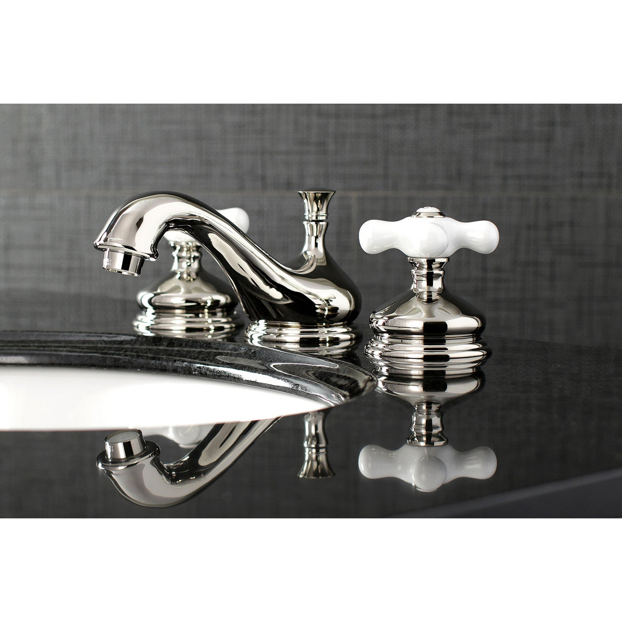 Heritage KS1166PX Two-Handle 3-Hole Deck Mount Widespread Bathroom Faucet with Brass Pop-Up, Polished Nickel