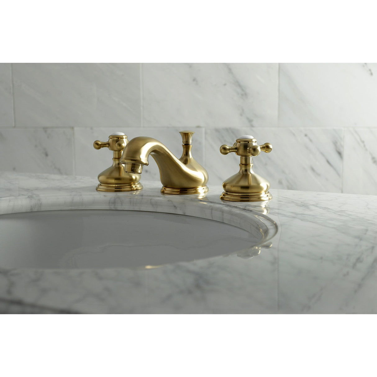 Vintage KS1167BX Two-Handle 3-Hole Deck Mount Widespread Bathroom Faucet with Brass Pop-Up, Brushed Brass