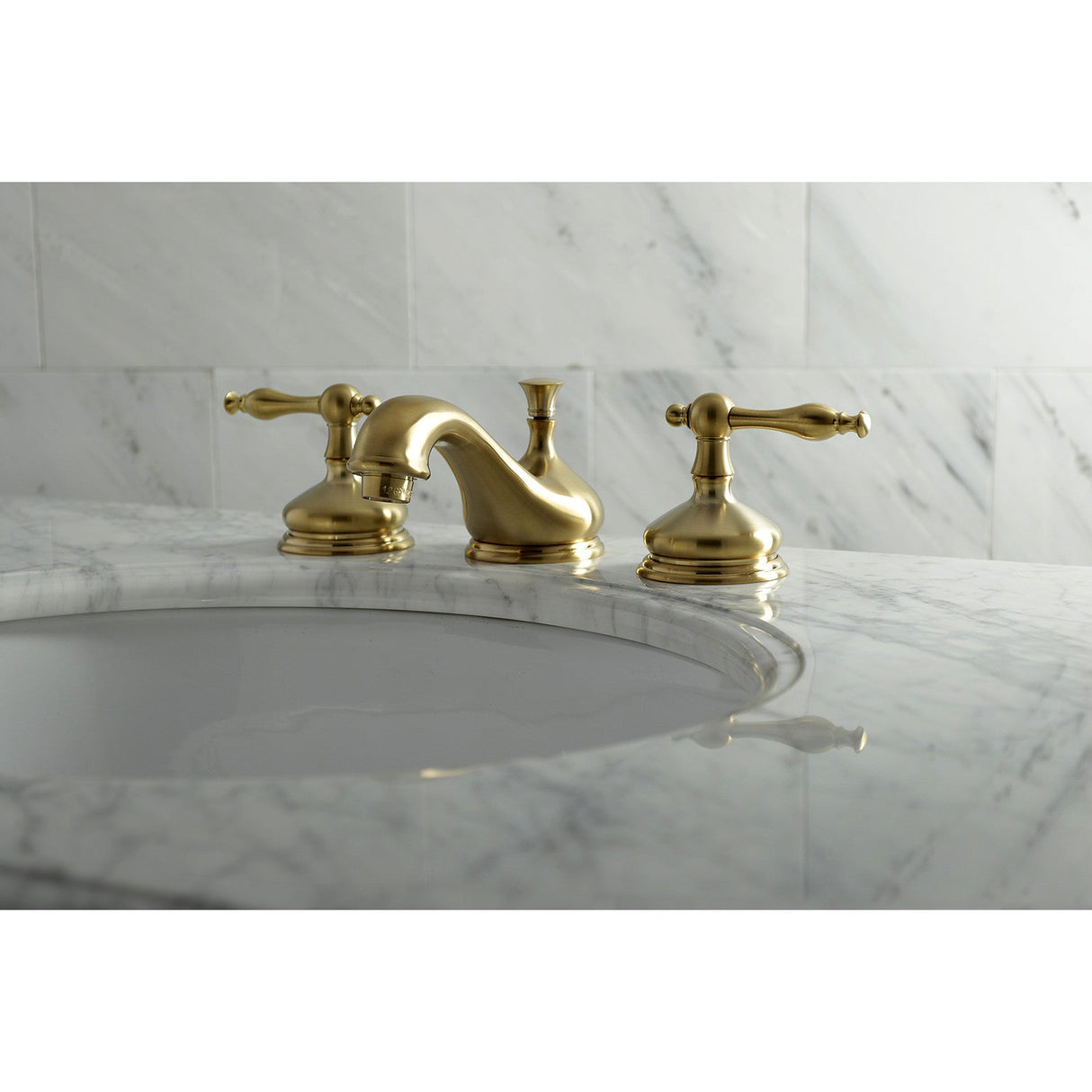 Heritage KS1167NL Two-Handle 3-Hole Deck Mount Widespread Bathroom Faucet with Brass Pop-Up, Brushed Brass