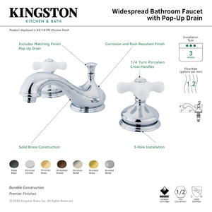 Heritage KS1167PX Two-Handle 3-Hole Deck Mount Widespread Bathroom Faucet with Brass Pop-Up, Brushed Brass