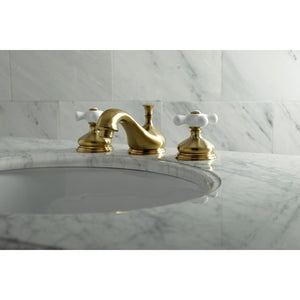 Heritage KS1167PX Two-Handle 3-Hole Deck Mount Widespread Bathroom Faucet with Brass Pop-Up, Brushed Brass
