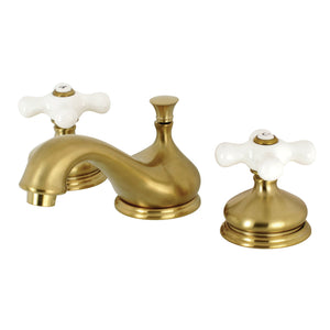 Heritage KS1167PX Two-Handle 3-Hole Deck Mount Widespread Bathroom Faucet with Brass Pop-Up, Brushed Brass