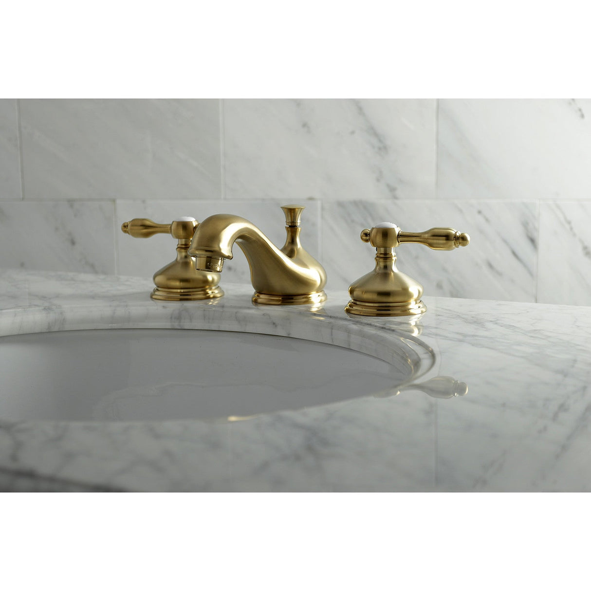 Tudor KS1167TAL Two-Handle 3-Hole Deck Mount Widespread Bathroom Faucet with Brass Pop-Up, Brushed Brass