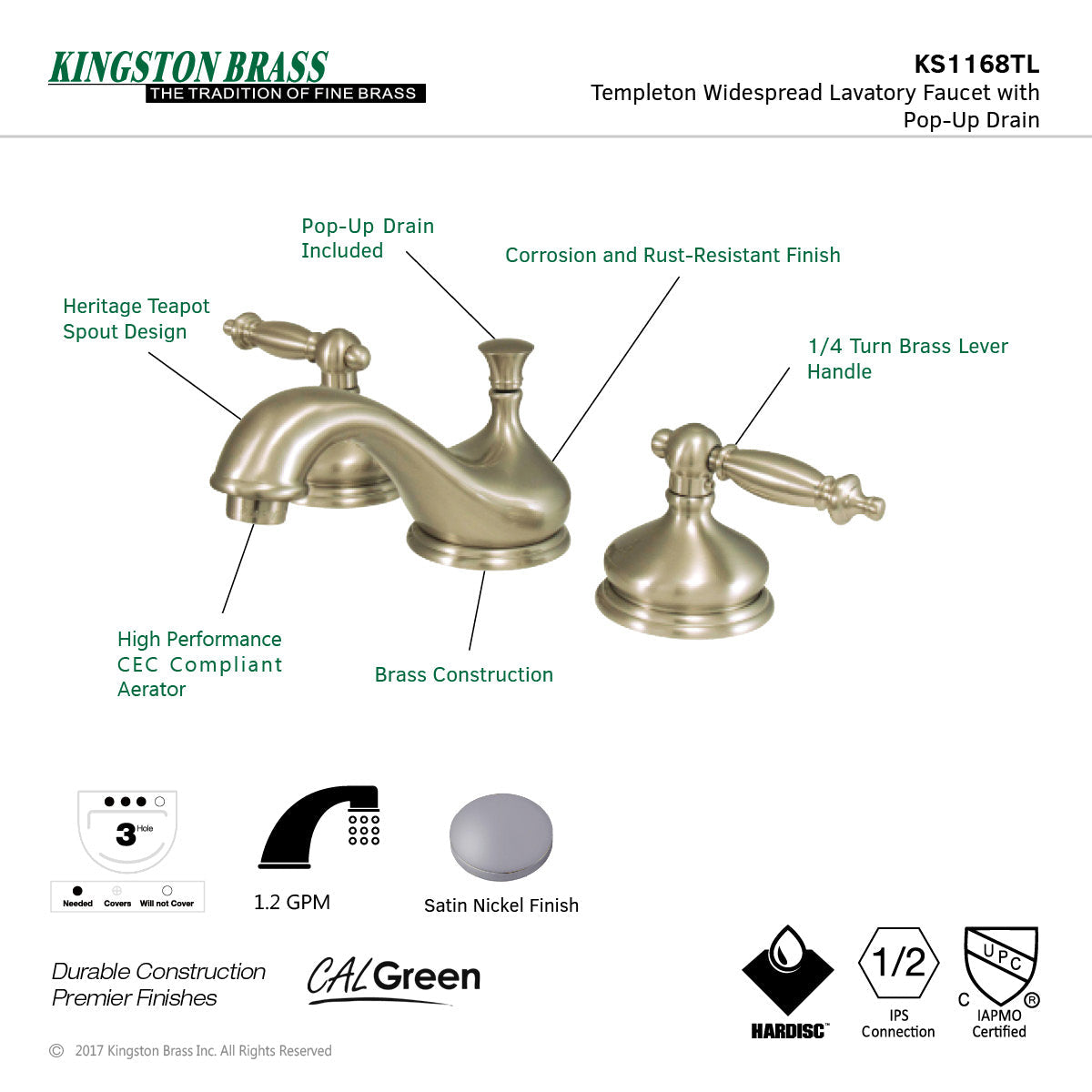 Heritage KS1168TL Two-Handle 3-Hole Deck Mount Widespread Bathroom Faucet with Brass Pop-Up, Brushed Nickel