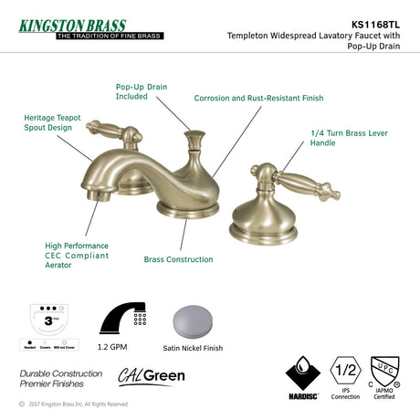 Heritage KS1168TL Two-Handle 3-Hole Deck Mount Widespread Bathroom Faucet with Brass Pop-Up, Brushed Nickel